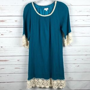 Umgee Teal Crochet BoHo Tunic Shift Dress Size S